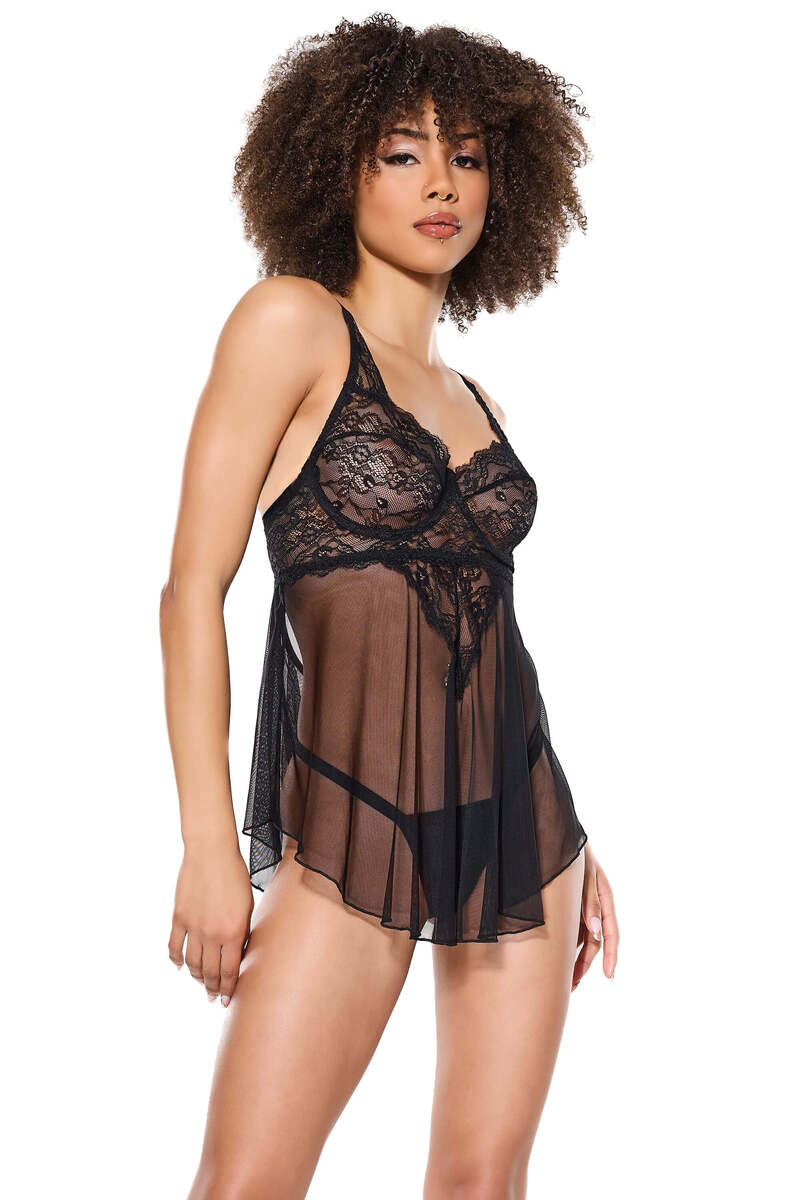Back to Basics Babydoll & G-String Set Black Front
