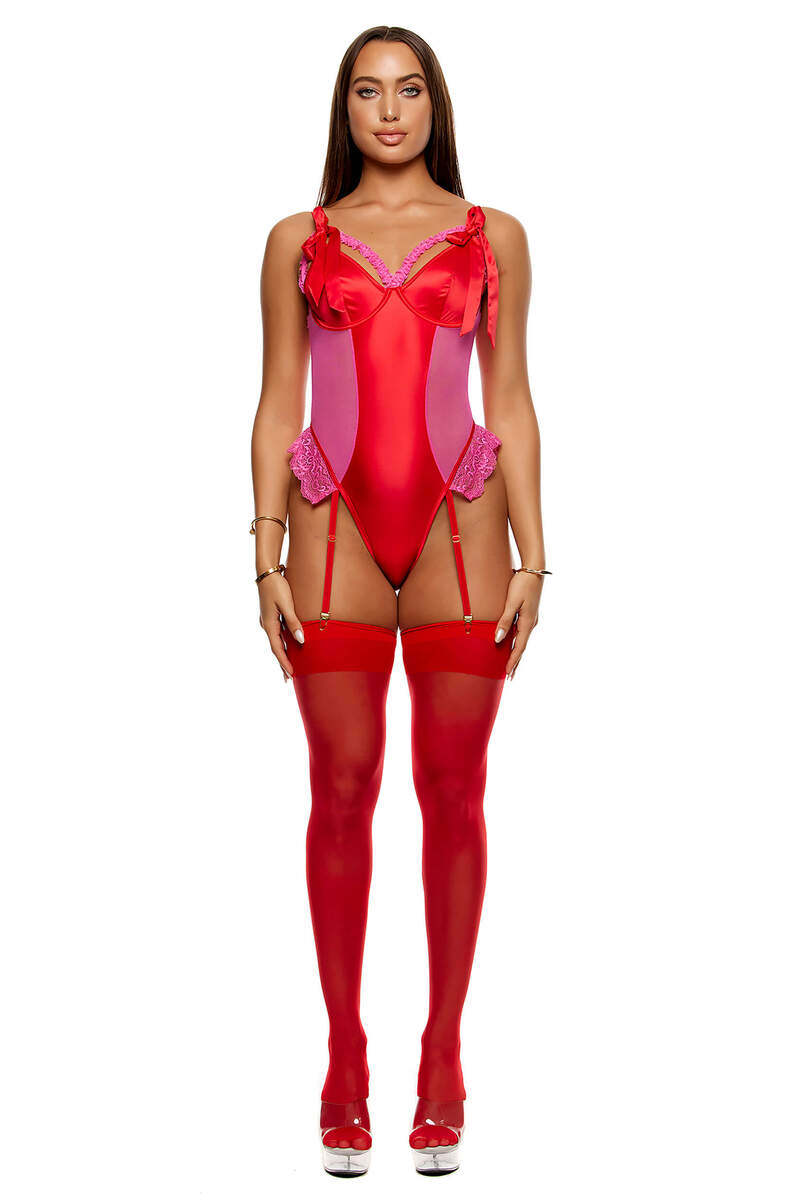 No Strings Attached Satin & Mesh Lace Trim Teddy Set