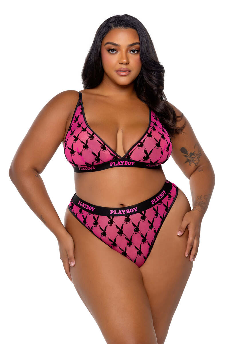 Plus Size Playboy Flocked Bunny Bralette Set