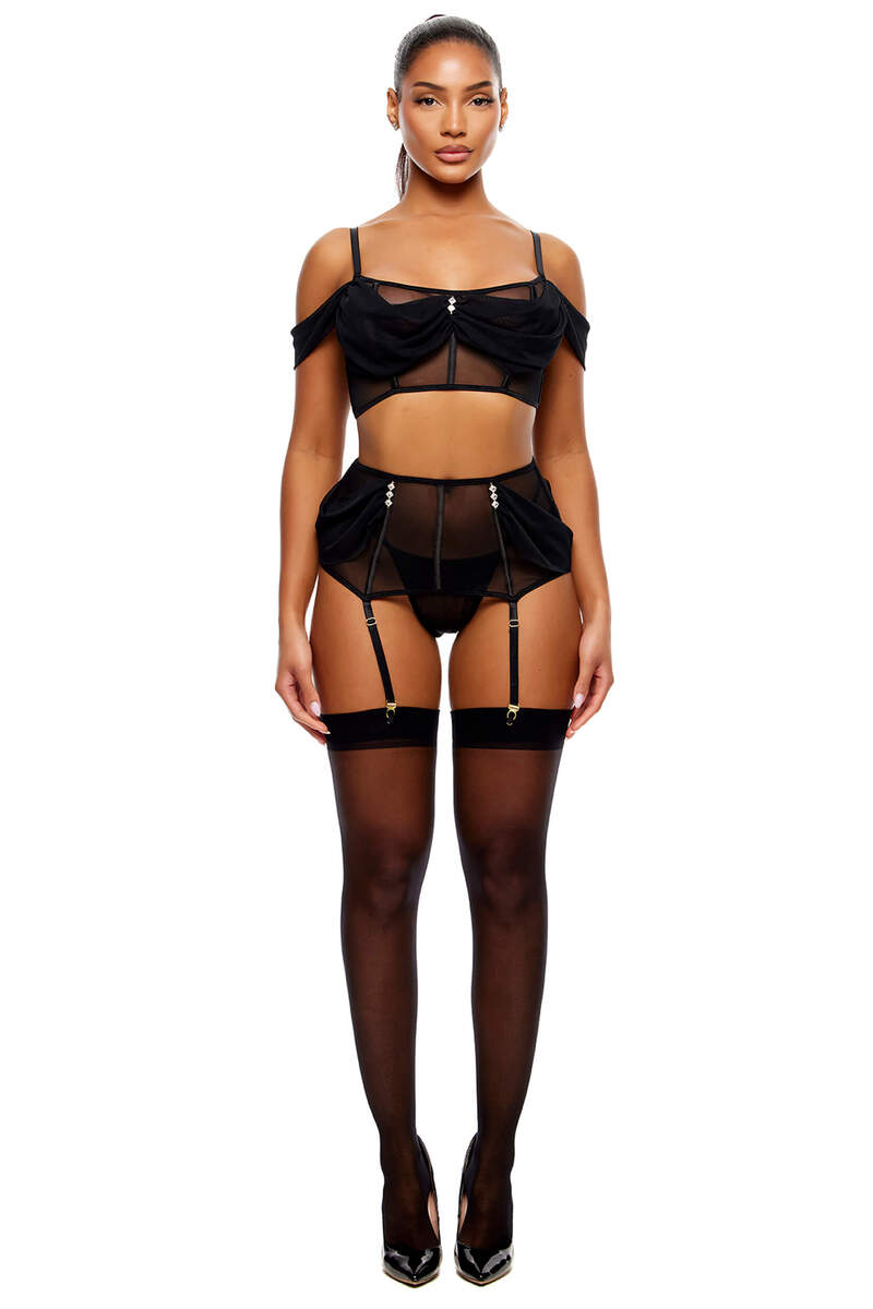 Princess Treatment Draped Mesh Bra & Garter Skirt Lingerie Set Black Front