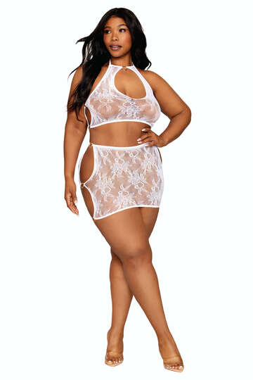 Plus Size Seamless Lace Bralette & Mini Skirt Set