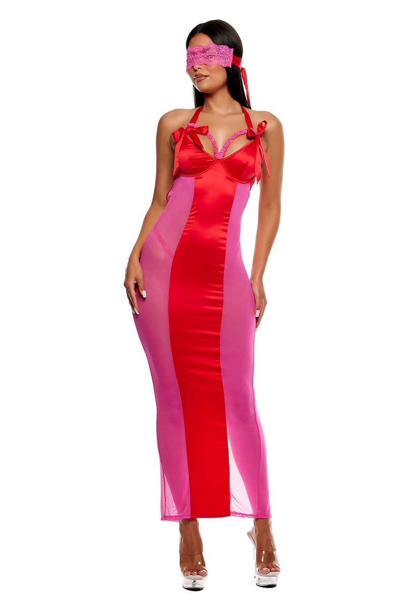 No Strings Attached Satin & Mesh Lace Trim Nightgown Lingerie Set