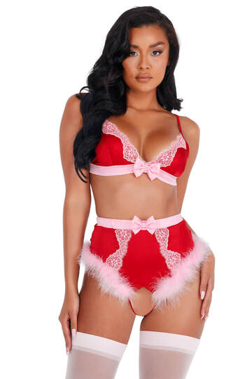 Holiday Love Lace & Satin Marabou Bra Set