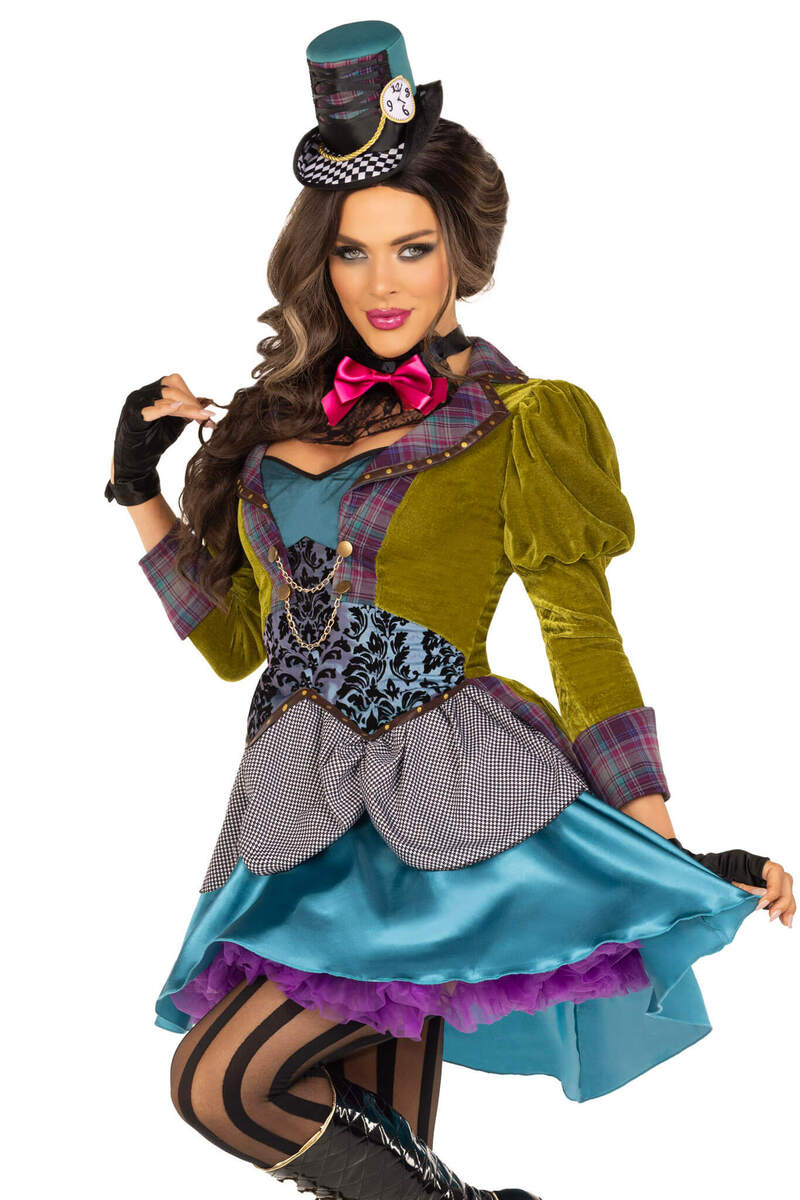 Deluxe Mad Hatter Costume Green Blue Front Posing Closeup