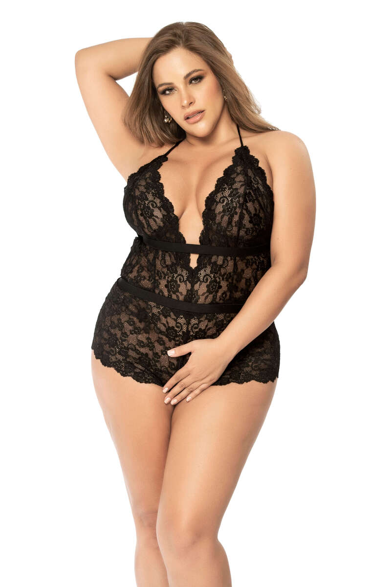 Plus Size Floral Lace Crotchless Bodysuit