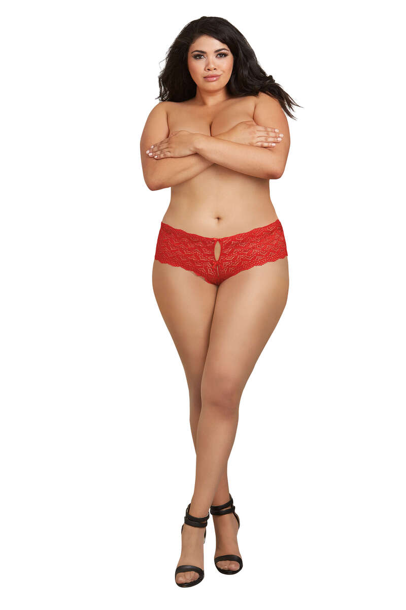 Plus Size Heart Stretch Lace Panty Red Front