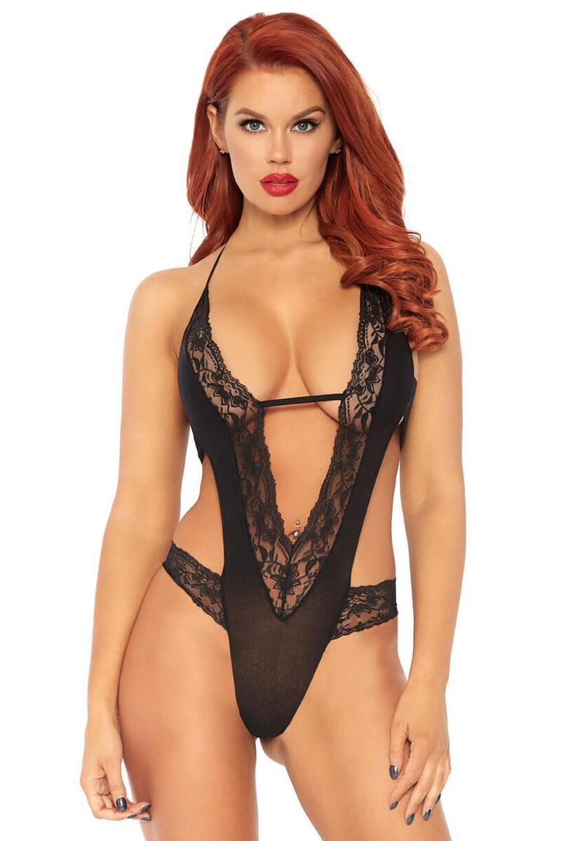 Stretch Lace Deep-V Halter Teddy