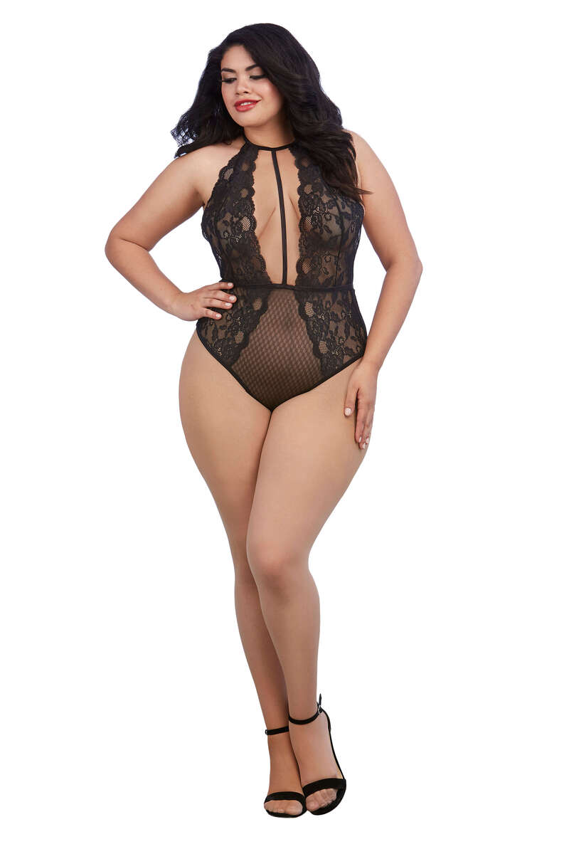 Plus Size Lace & Mesh Collared Teddy