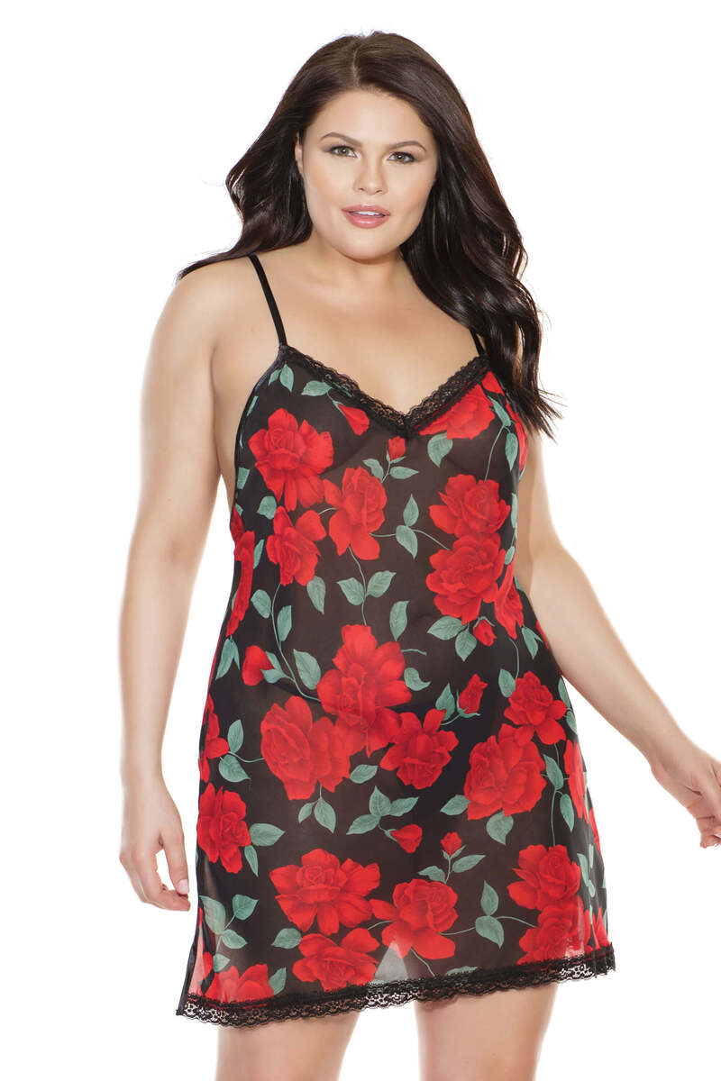 Rose Print Chiffon Plus Size Chemise