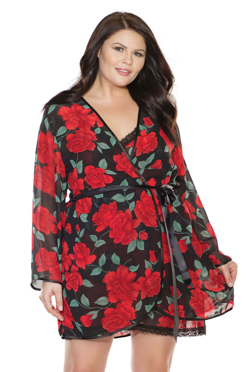 Rose Print Chiffon Plus Size Robe