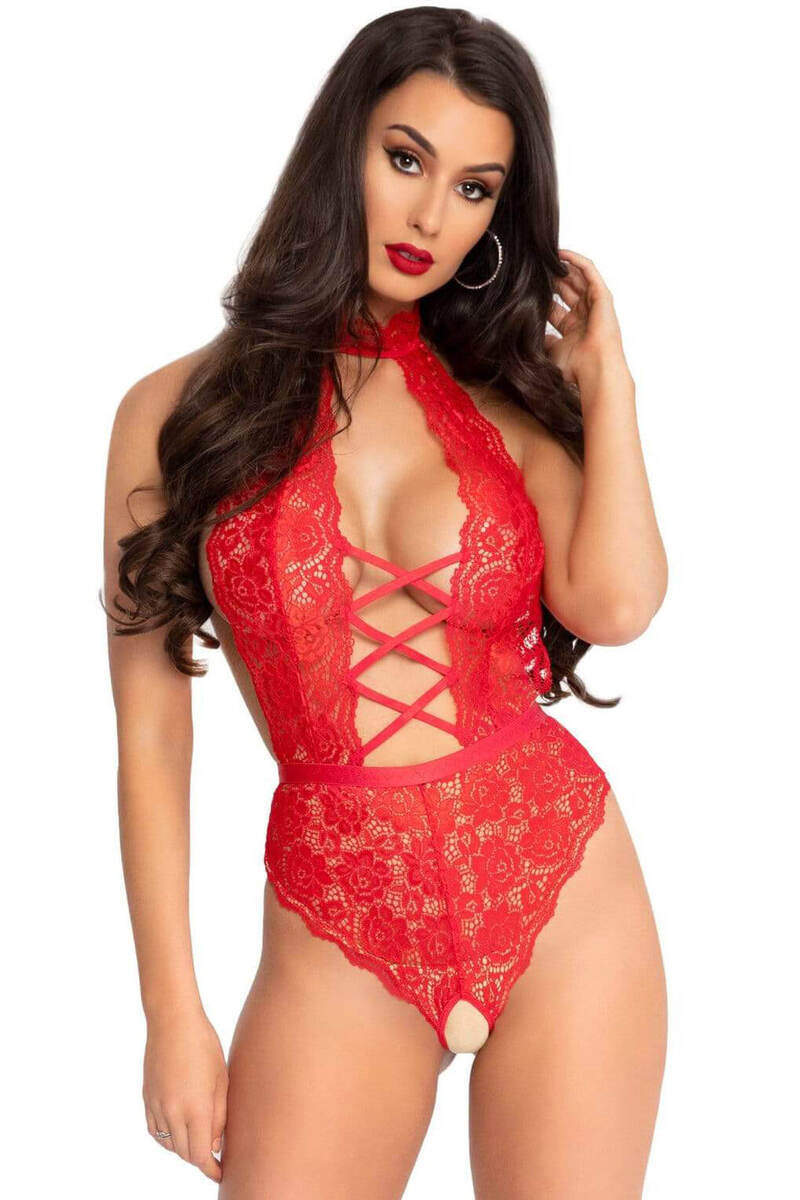 Criss Cross Floral Lace Crotchless Teddy