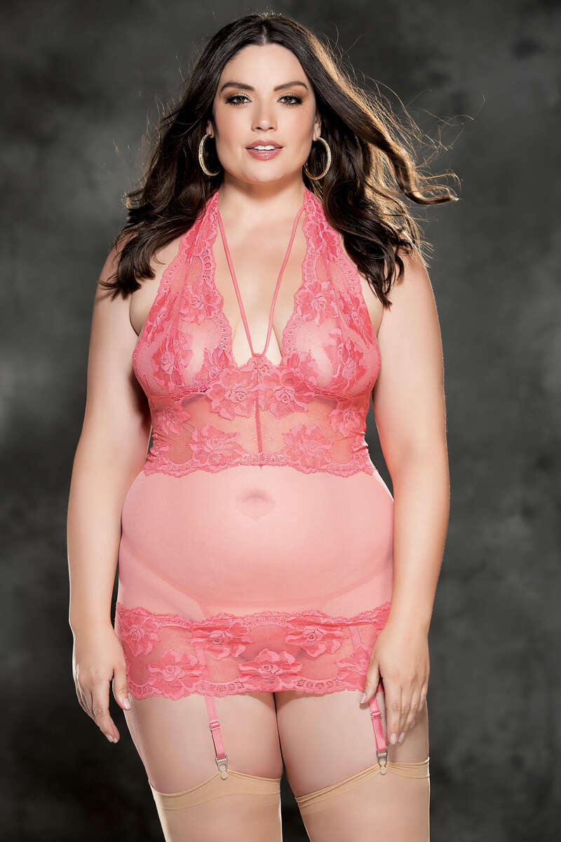 Plus Size Floral Stretch Lace & Mesh Gartered Chemise