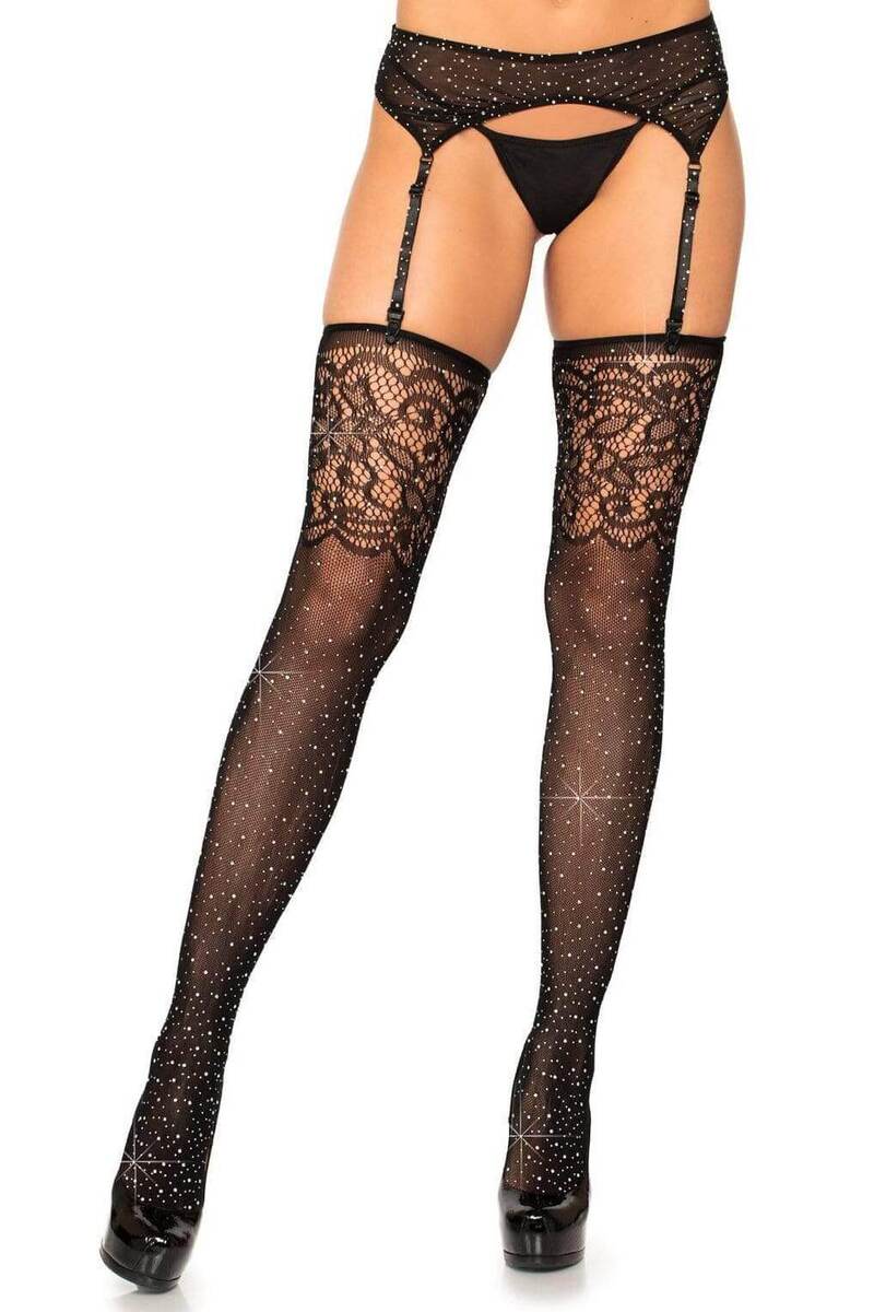Rhinestone Lace Top Fishnet Stockings