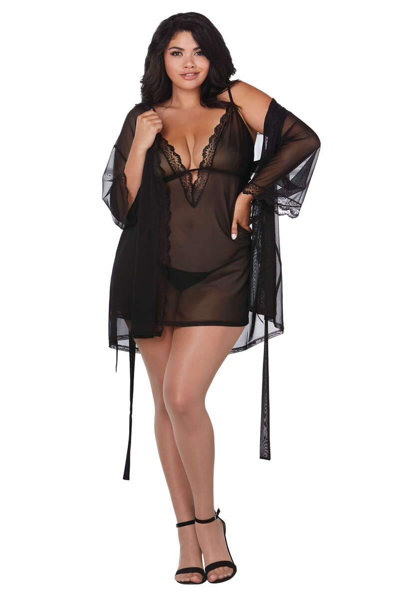 Plus Size Stretch Mesh Chemise & Robe Set