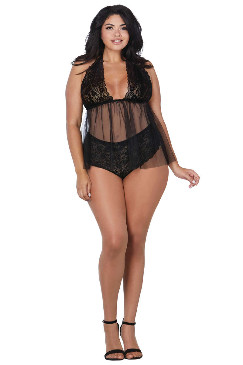 Plus Size Retro Halter Mesh Babydoll