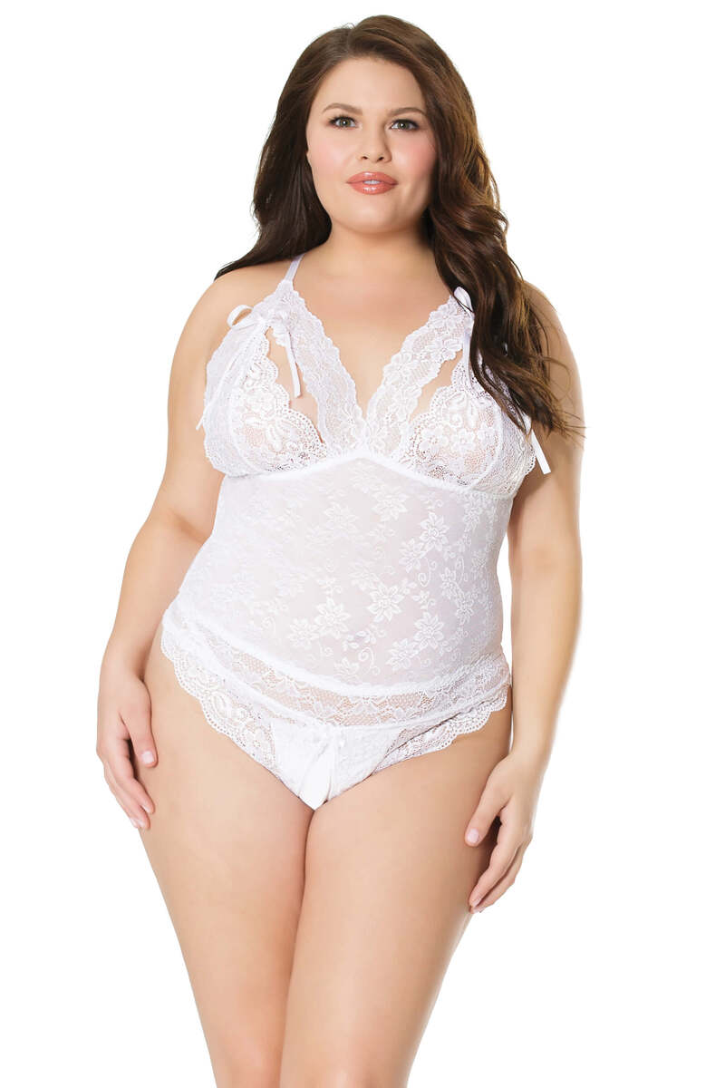 Plus Size Peek-a-Boo Crotchless Teddy White Front