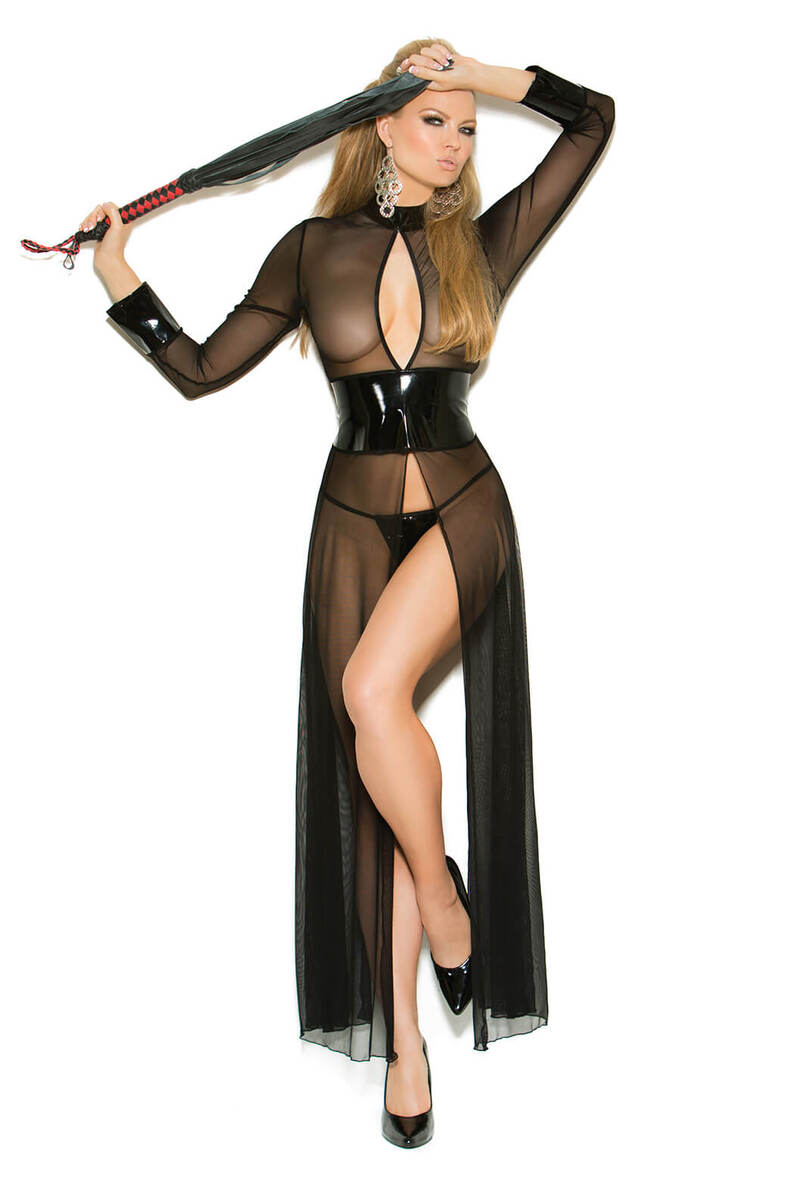 Mesh And Vinyl Long Sleeve Gown Black Front