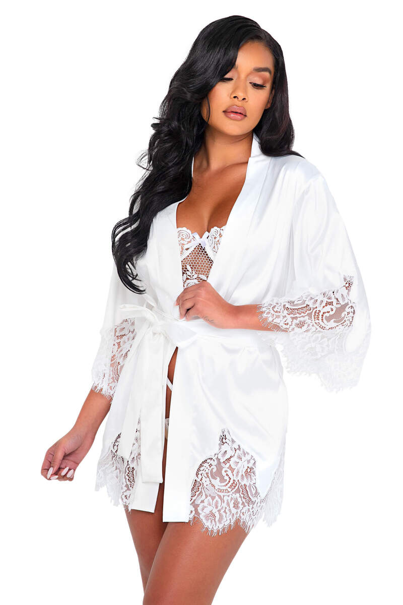 Elegant Cutout Eyelash Lace & Satin Robe