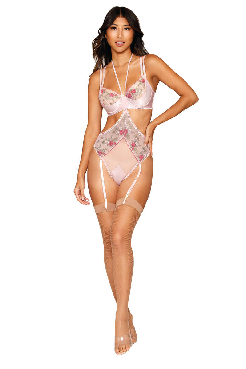 Vintage Rose Embroidery Bra & Open Cup Teddy Set