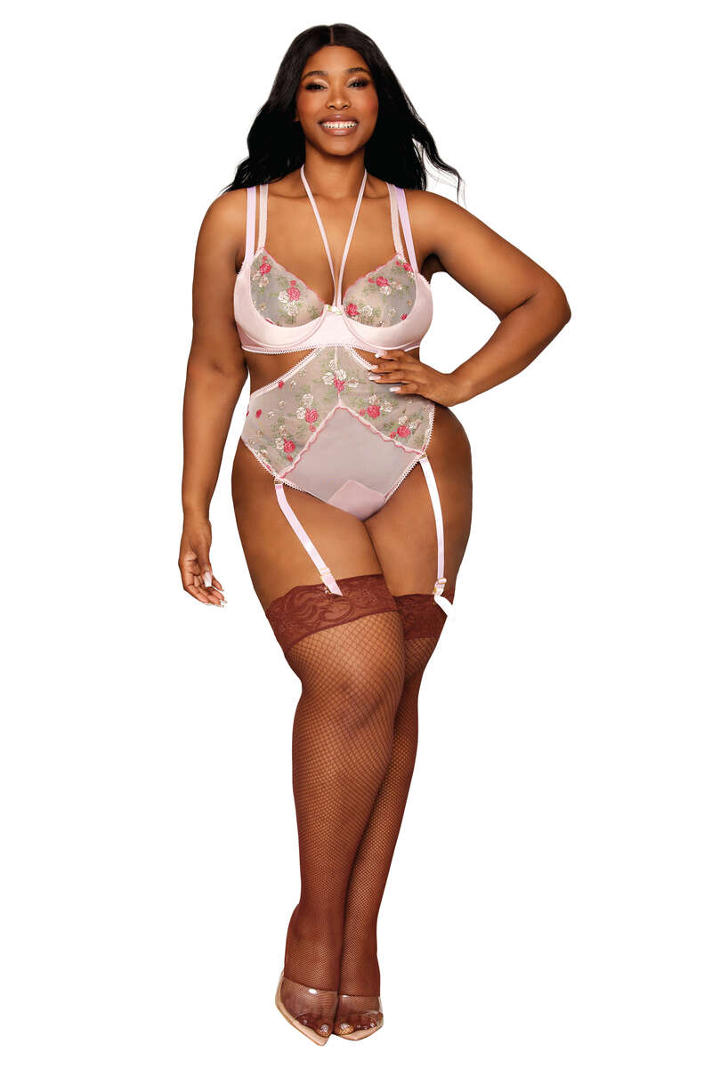 Plus Size Vintage Rose Embroidery Bra & Open Cup Teddy Set