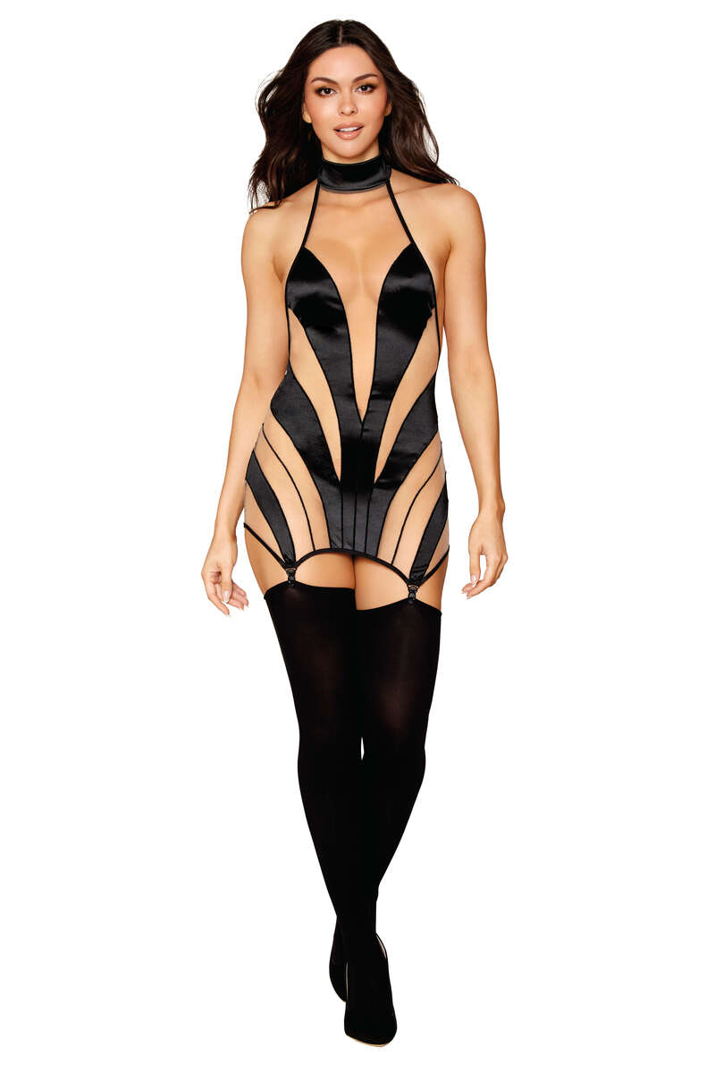 Sheer Panel Garter Slip Black Front