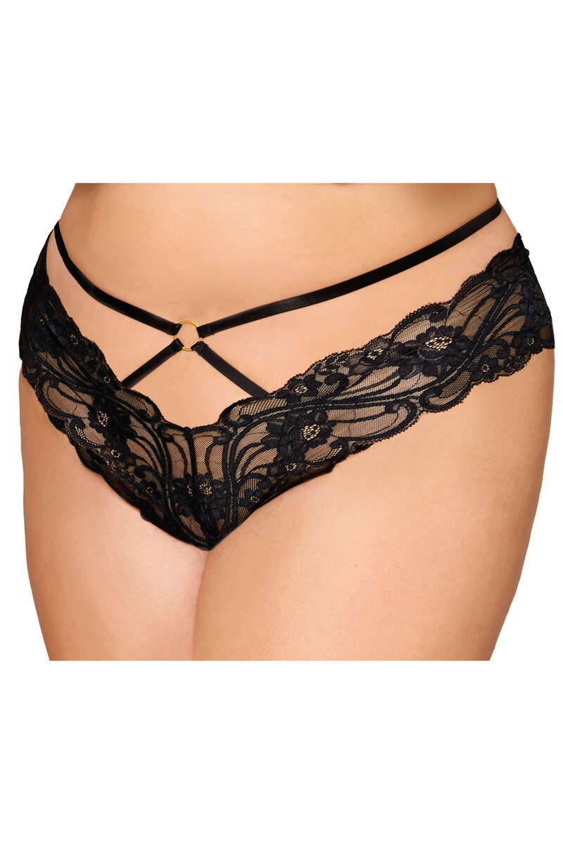 Plus Size Stretch Lace Cheeky Open-Crotch Thong Panty