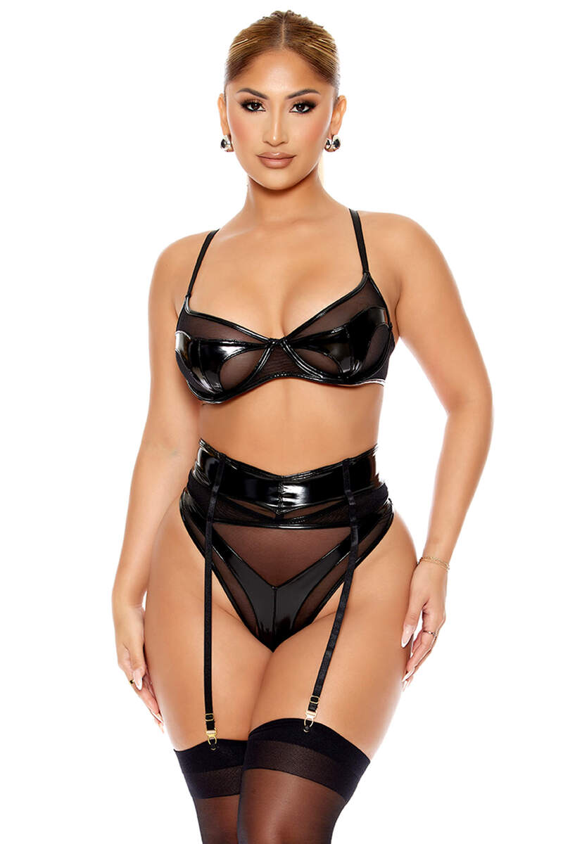 Opposites Attract Mesh & Vinyl Lingerie Set