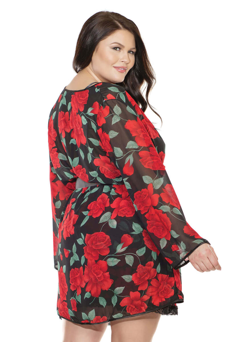 Rose Print Chiffon Plus Size Robe