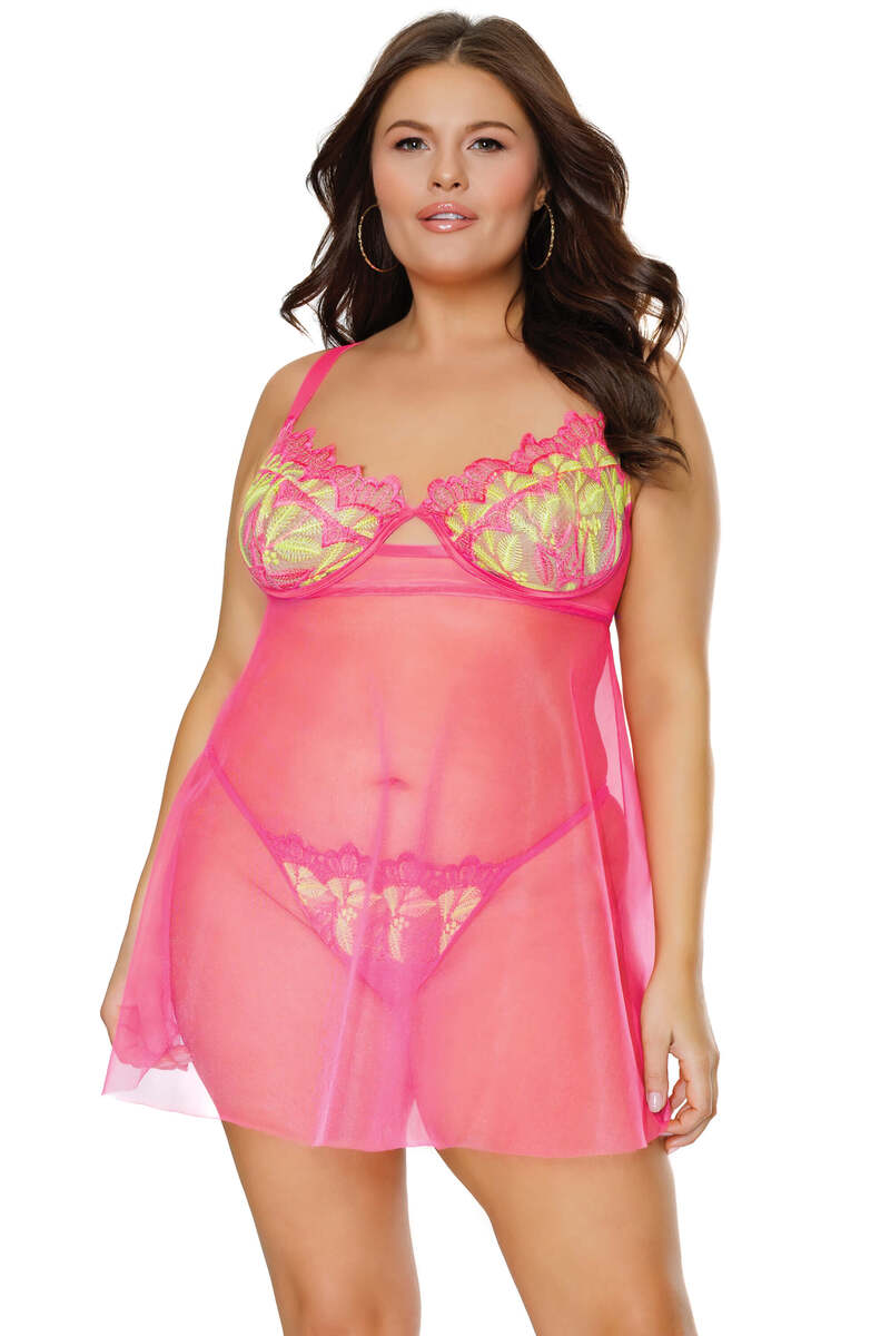 Neon Crush Babydoll Set Plus Size Hot Pink Front