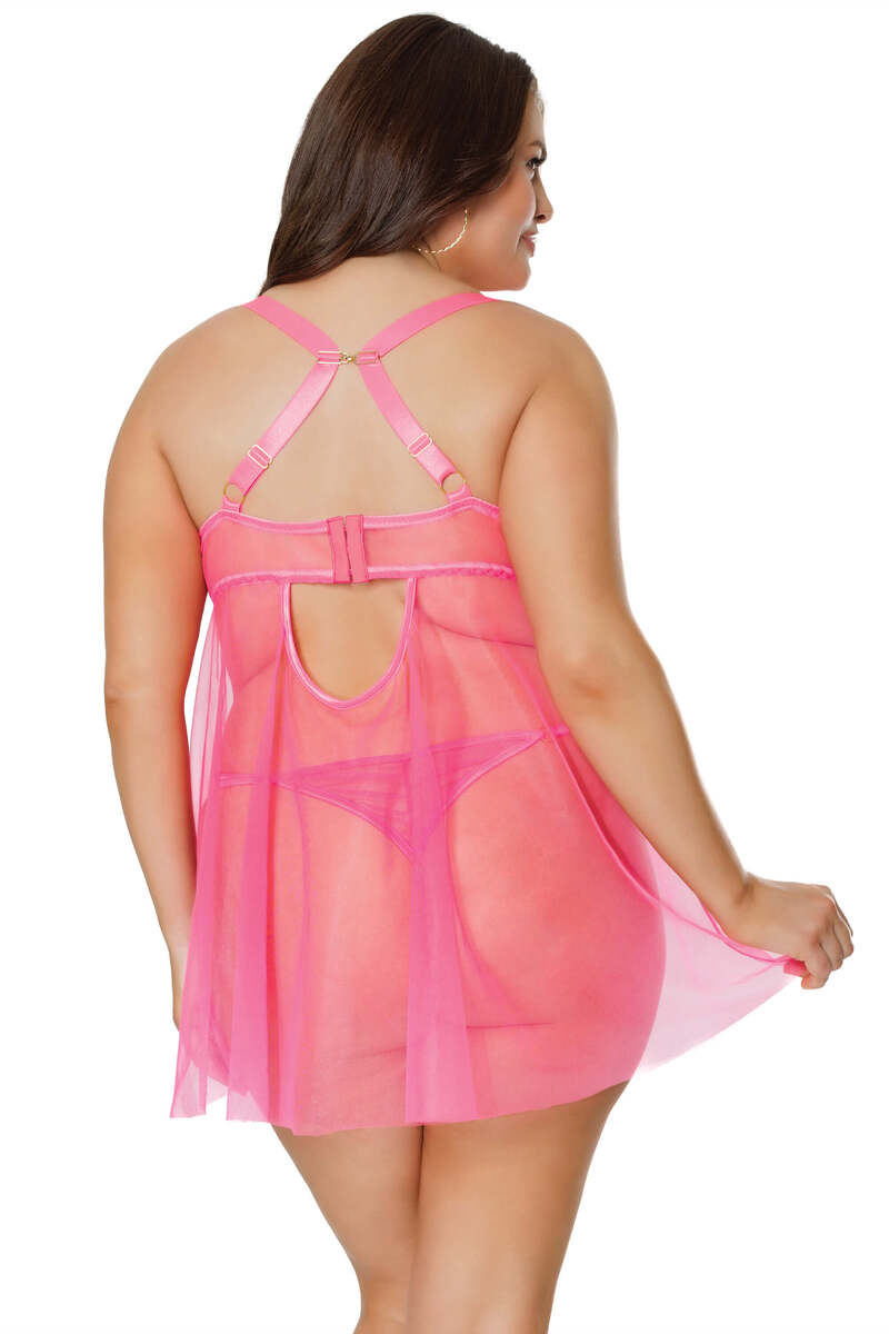 Neon Crush Babydoll Set Plus Size Hot Pink Back