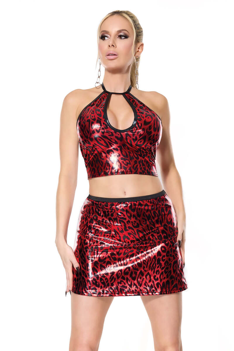 Liquid Edge Halter Crop Top Red Front Full Outfit