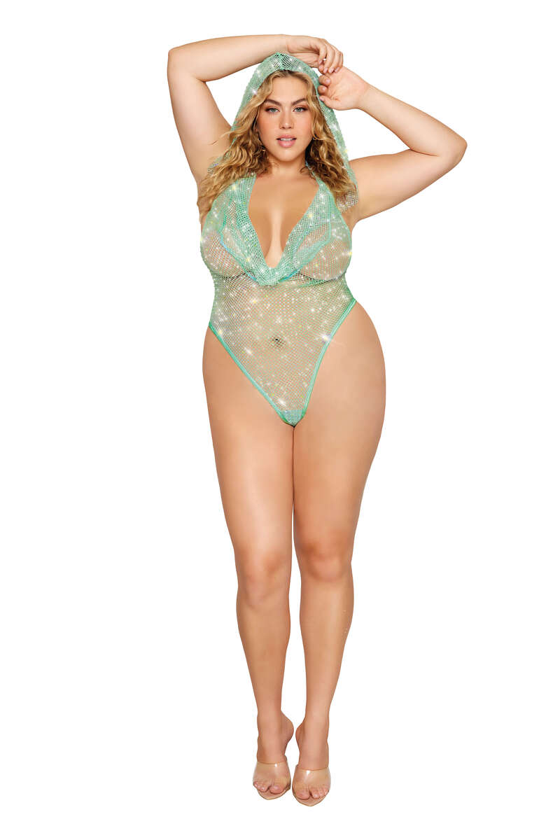 Plus Size Iridescent Rhinestone Hooded Teddy