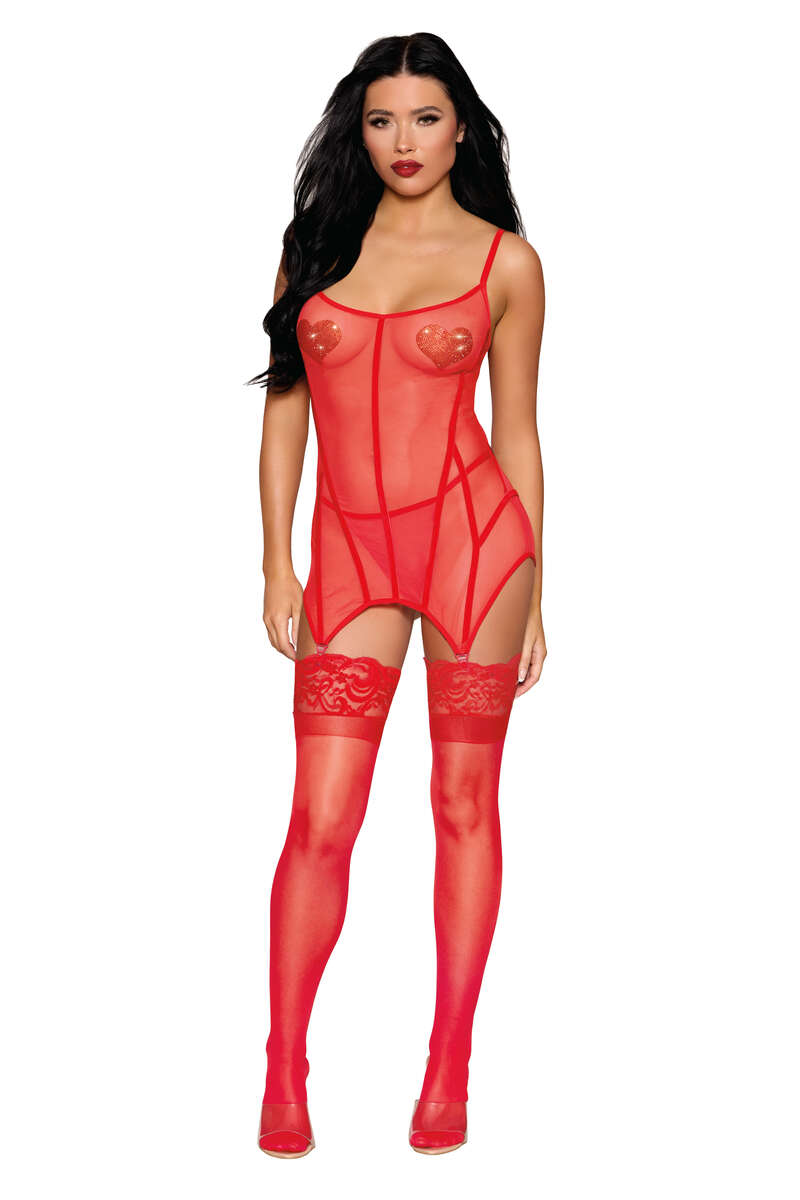 Hot Surprise Velvet Garter Slip & G-String Set Red Front