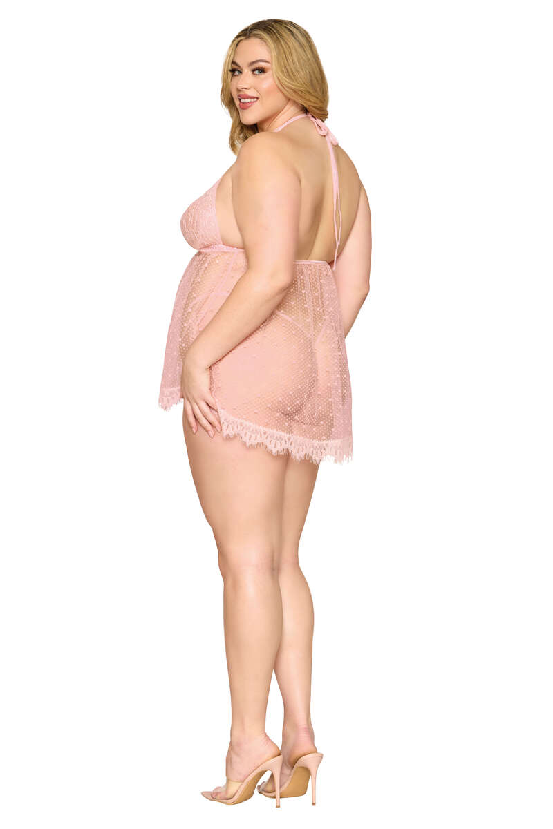 Plus Size Flocked Hearts Babydoll & G-String Set
