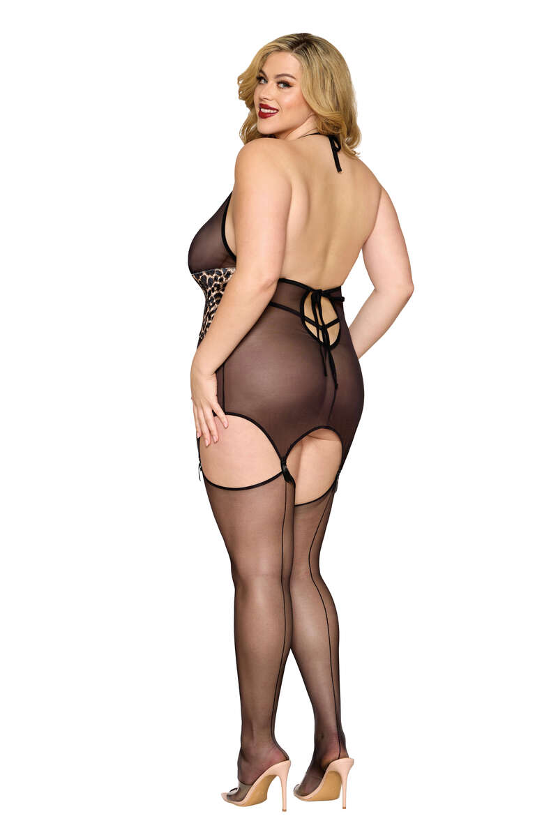 Plus Size Leopard Garter Slip & G-String Set