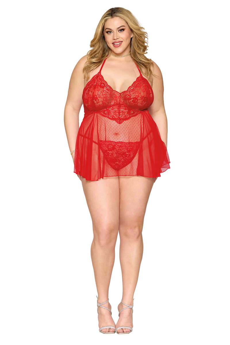 Plus Size Flirty Dot Mesh Babydoll & G-String Set