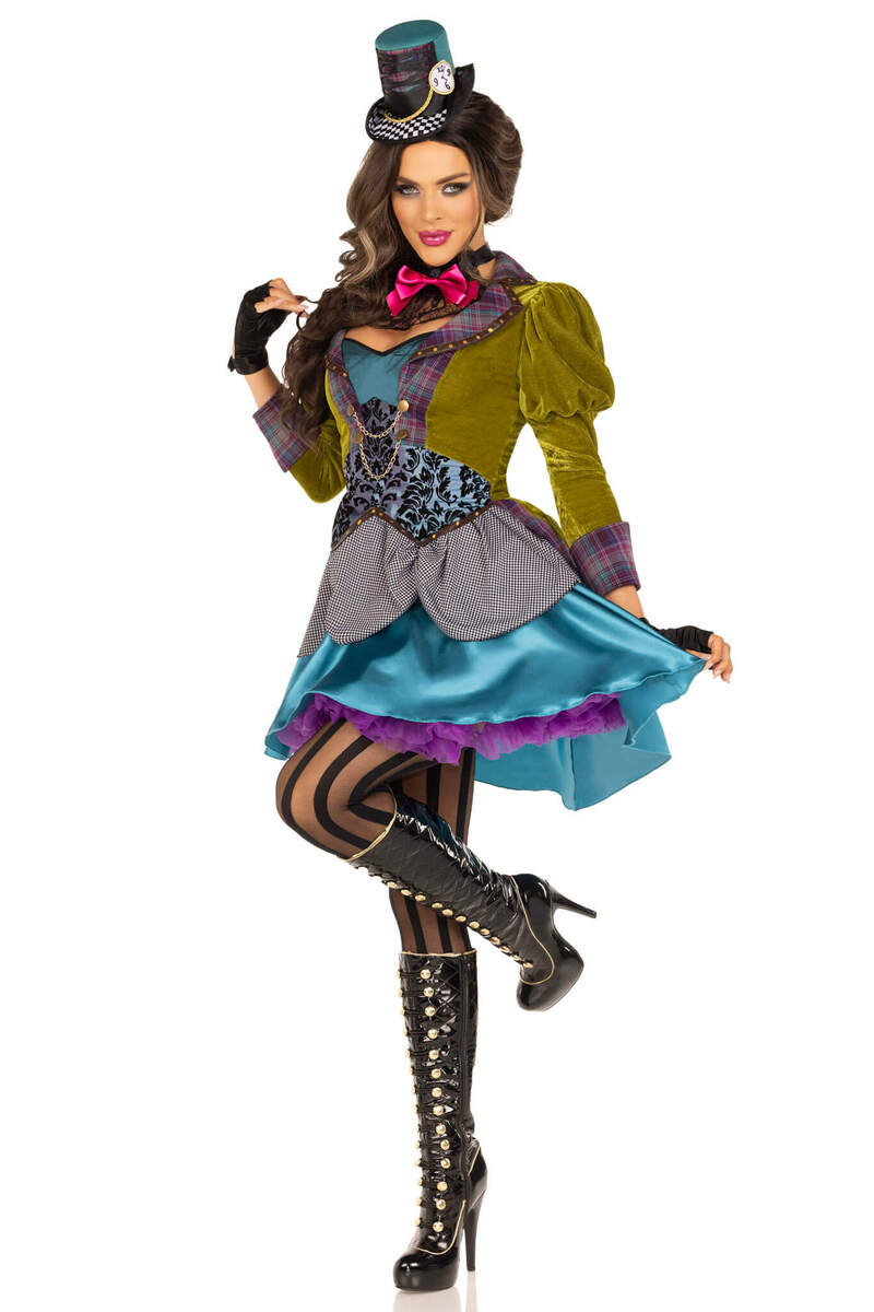 Deluxe Mad Hatter Costume Green Blue Front Posing