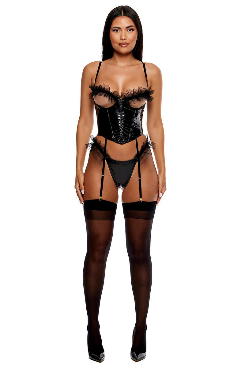 Show and Tulle Vinyl and Mesh Tulle Trim Bustier Lingerie Set