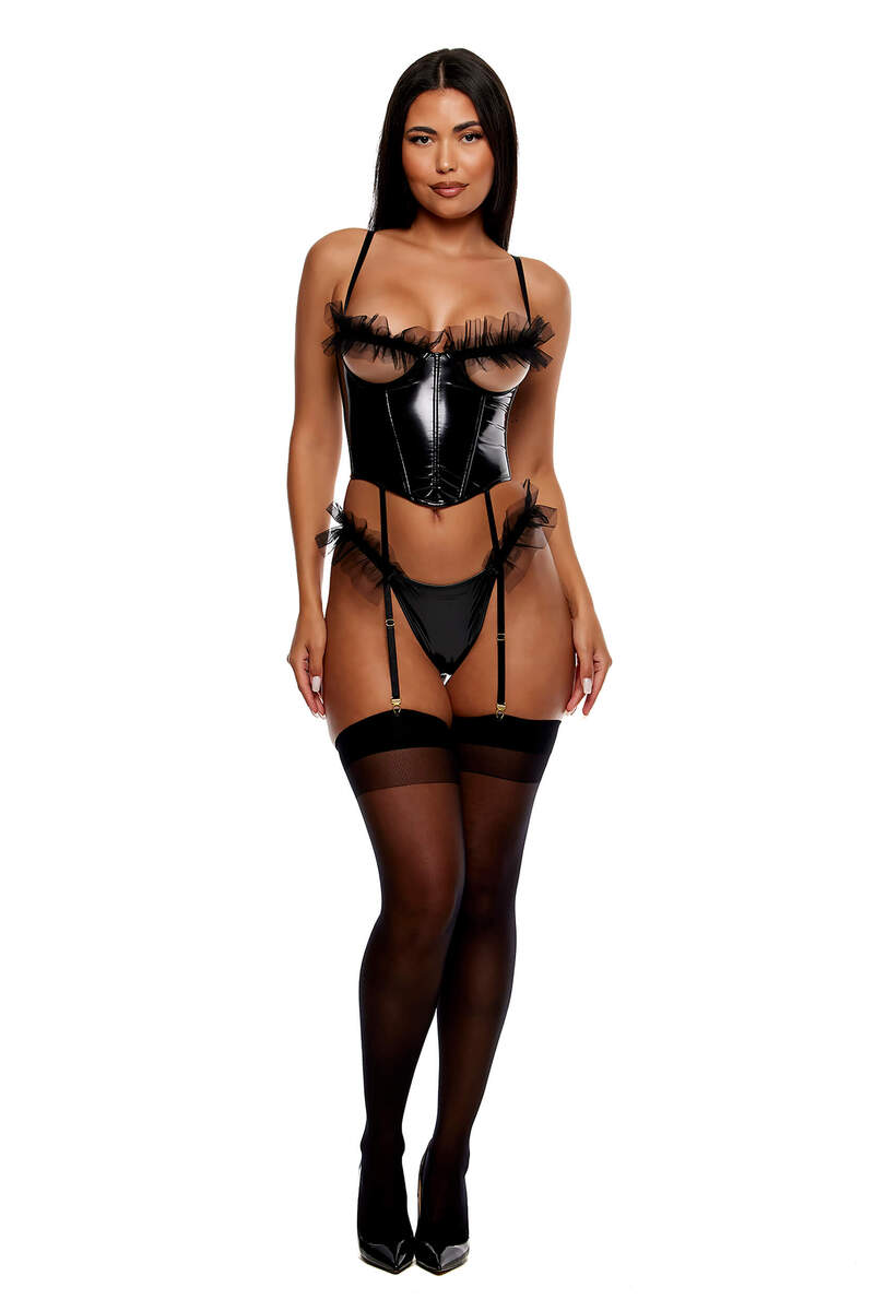 Show and Tulle Vinyl and Mesh Tulle Trim Bustier Lingerie Set