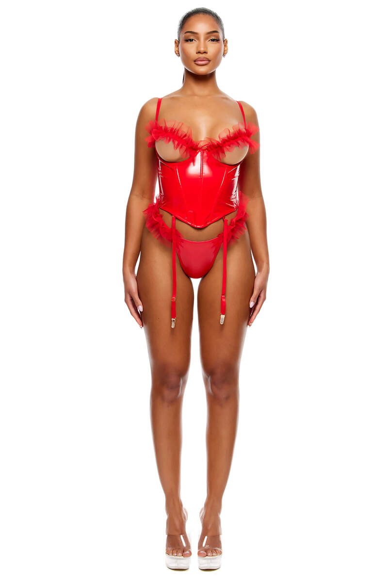 Show and Tulle Vinyl and Mesh Tulle Trim Bustier Lingerie Set