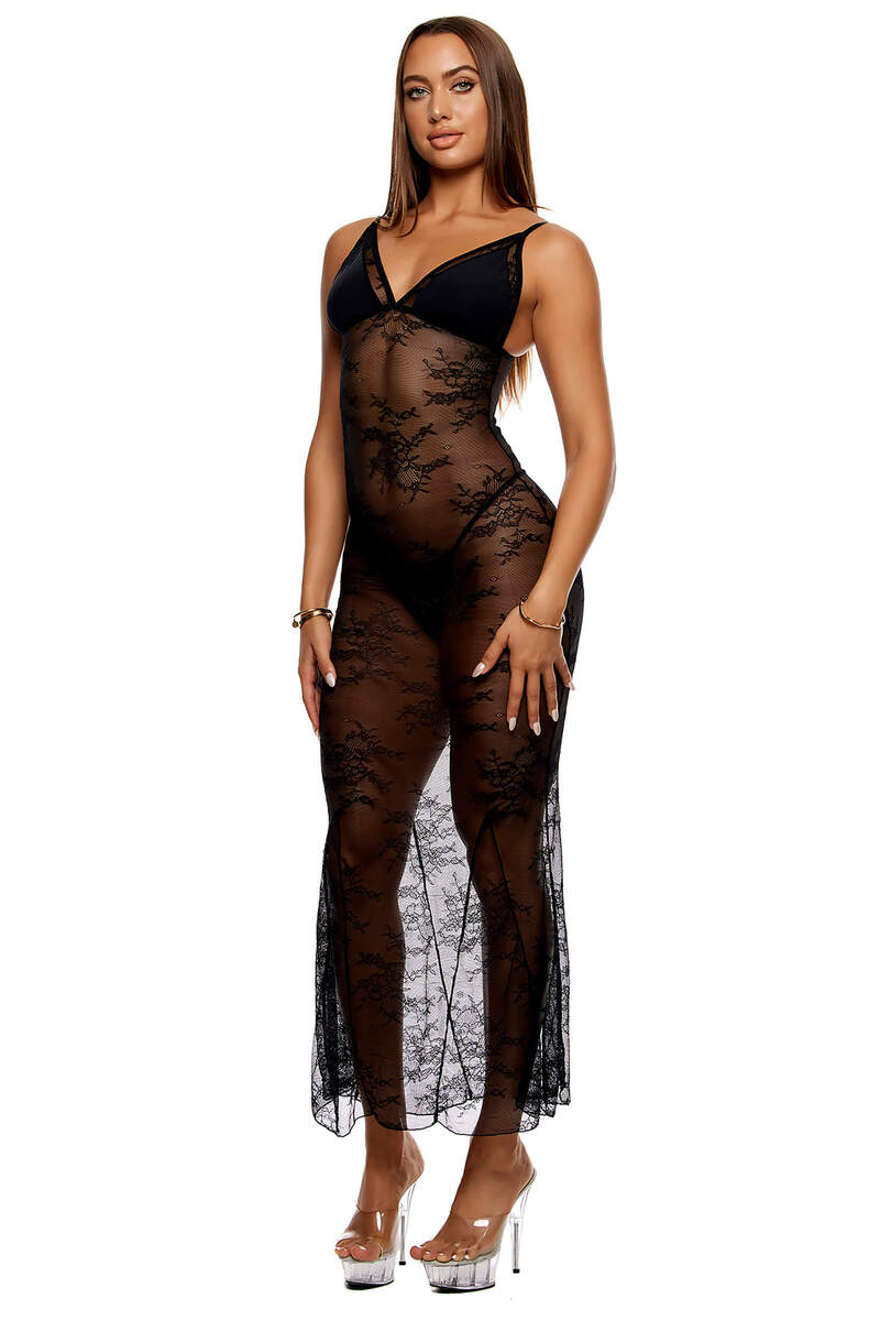 Take It Easy Lounge Lace Nightgown Lingerie Set Black Front