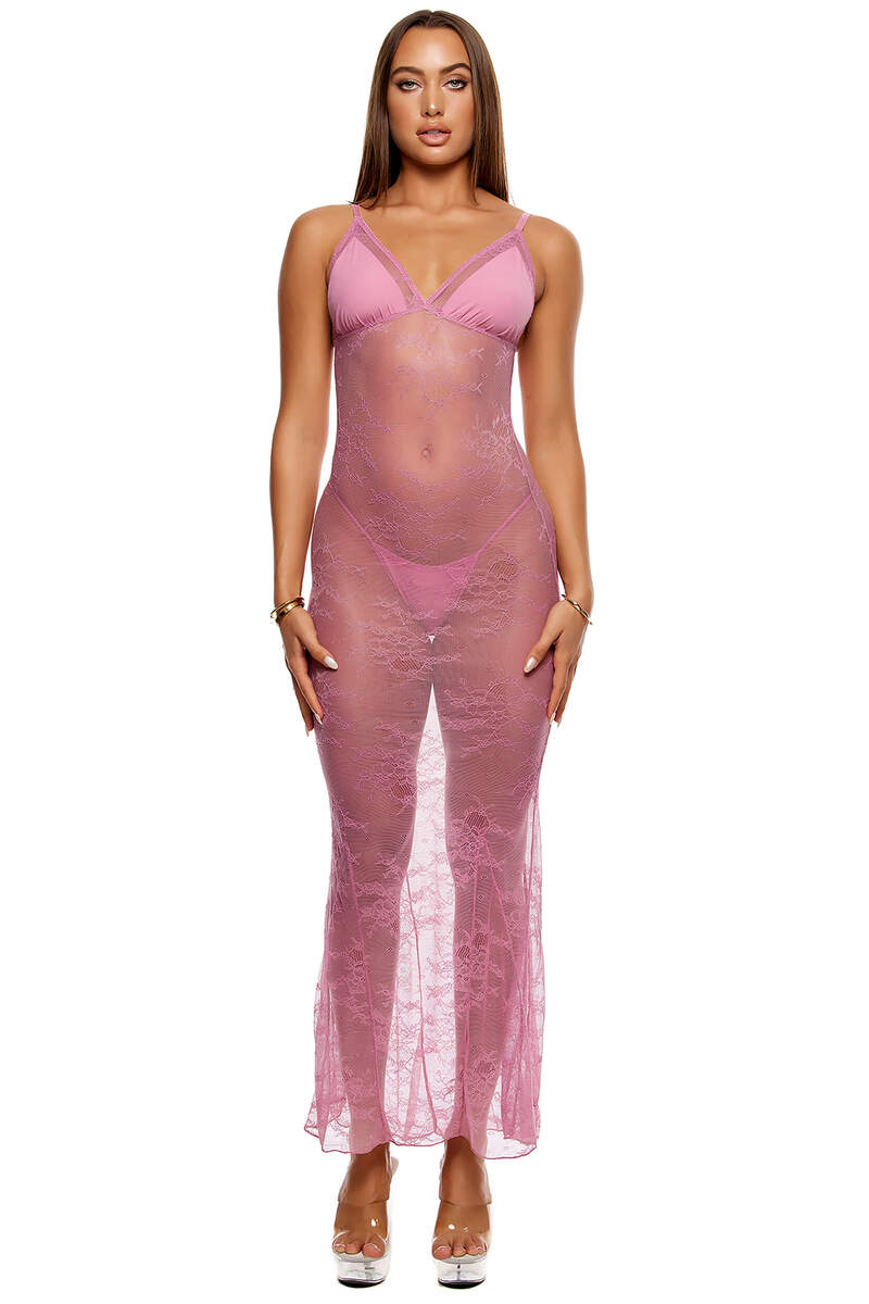 Take It Easy Lounge Lace Nightgown Lingerie Set Mauve Front Alternate