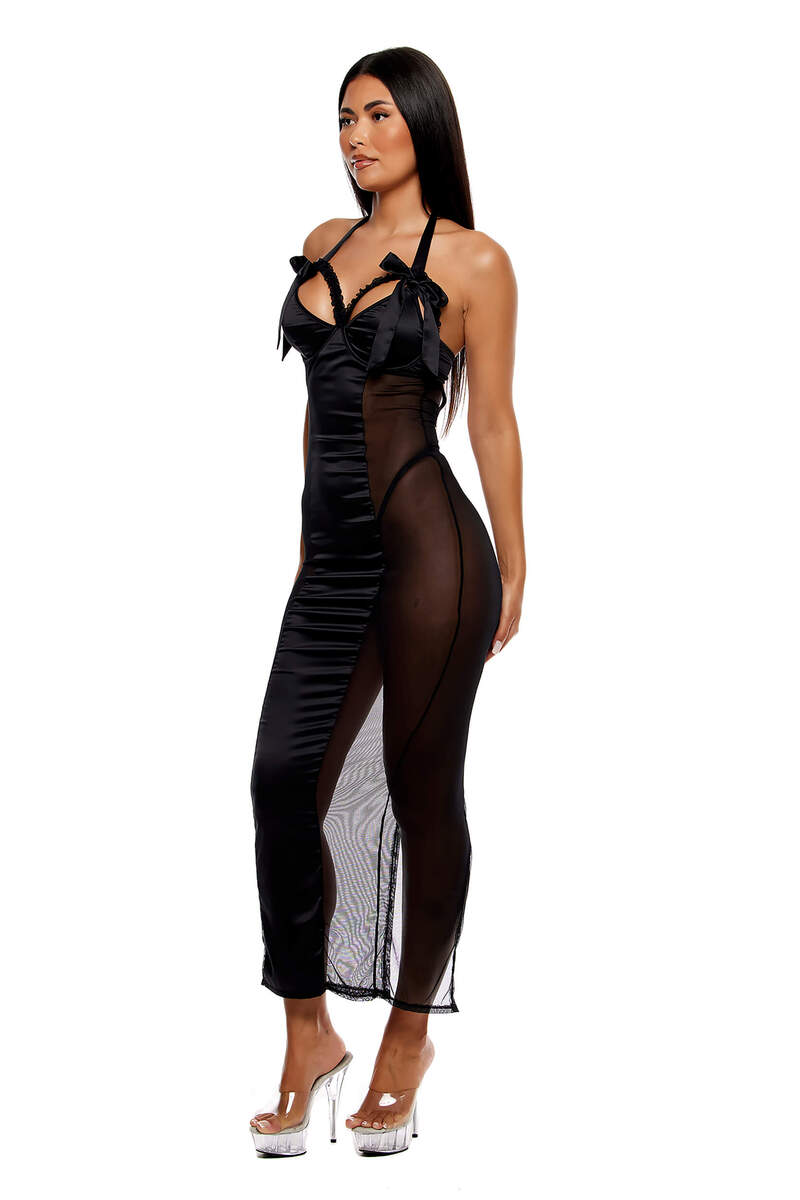 No Strings Attached Satin & Mesh Lace Trim Nightgown Lingerie Set