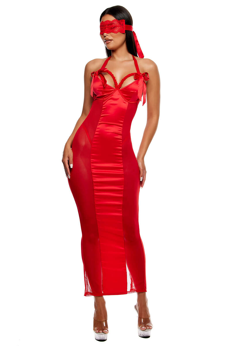 No Strings Attached Satin & Mesh Lace Trim Nightgown Lingerie Set