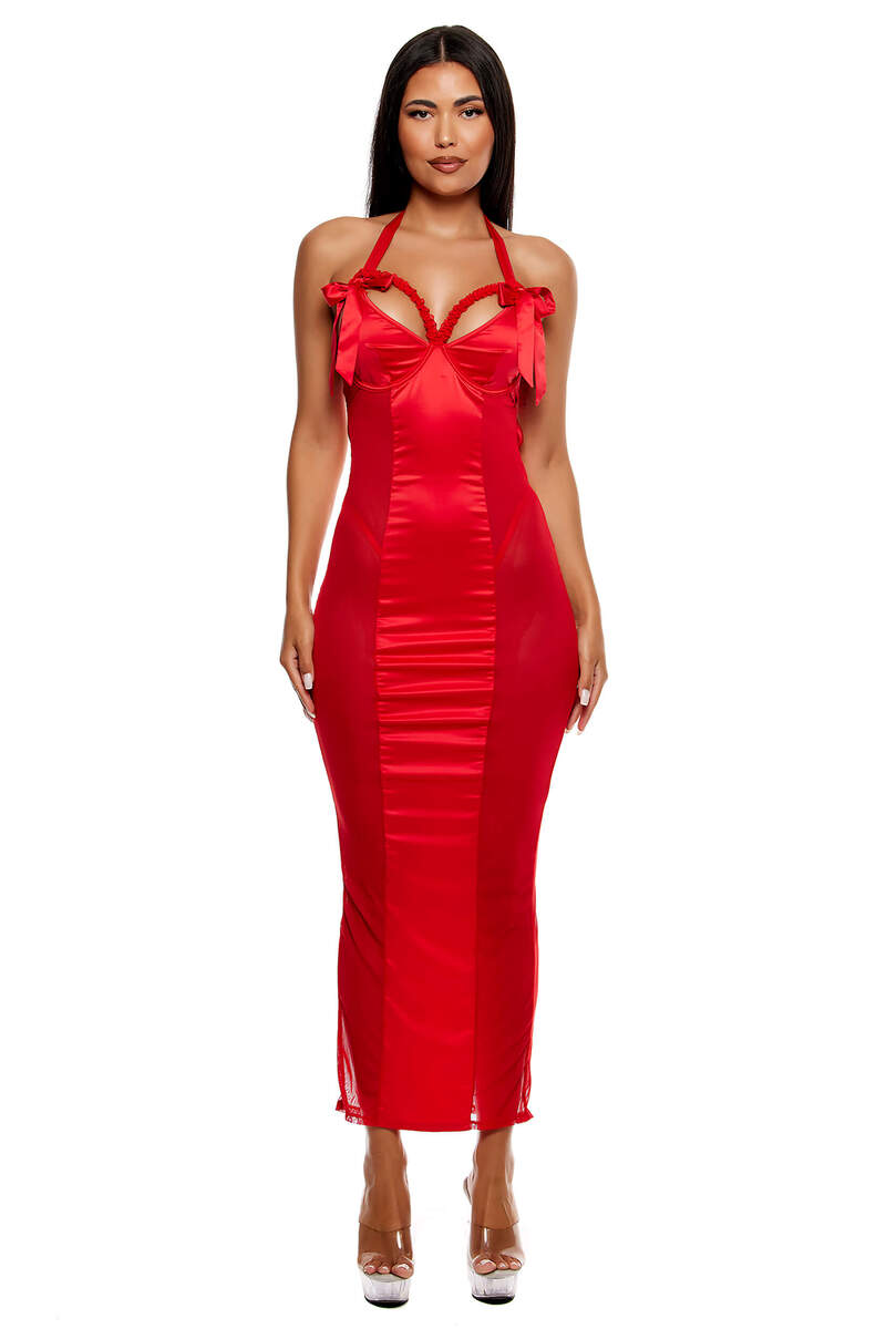 No Strings Attached Satin & Mesh Lace Trim Nightgown Lingerie Set