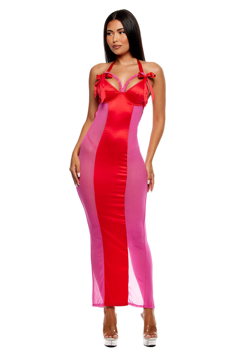 No Strings Attached Satin & Mesh Lace Trim Nightgown Lingerie Set