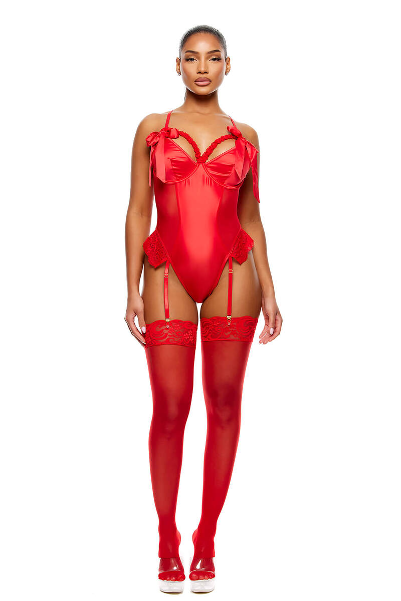 No Strings Attached Satin & Mesh Lace Trim Teddy Set