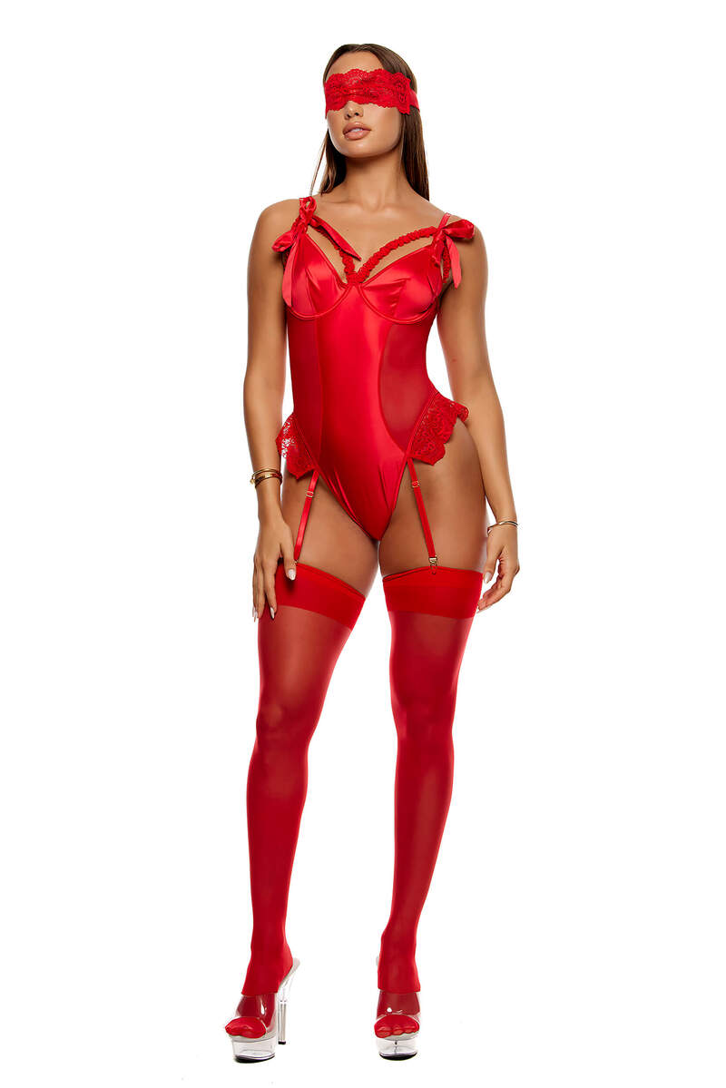 No Strings Attached Satin & Mesh Lace Trim Teddy Set