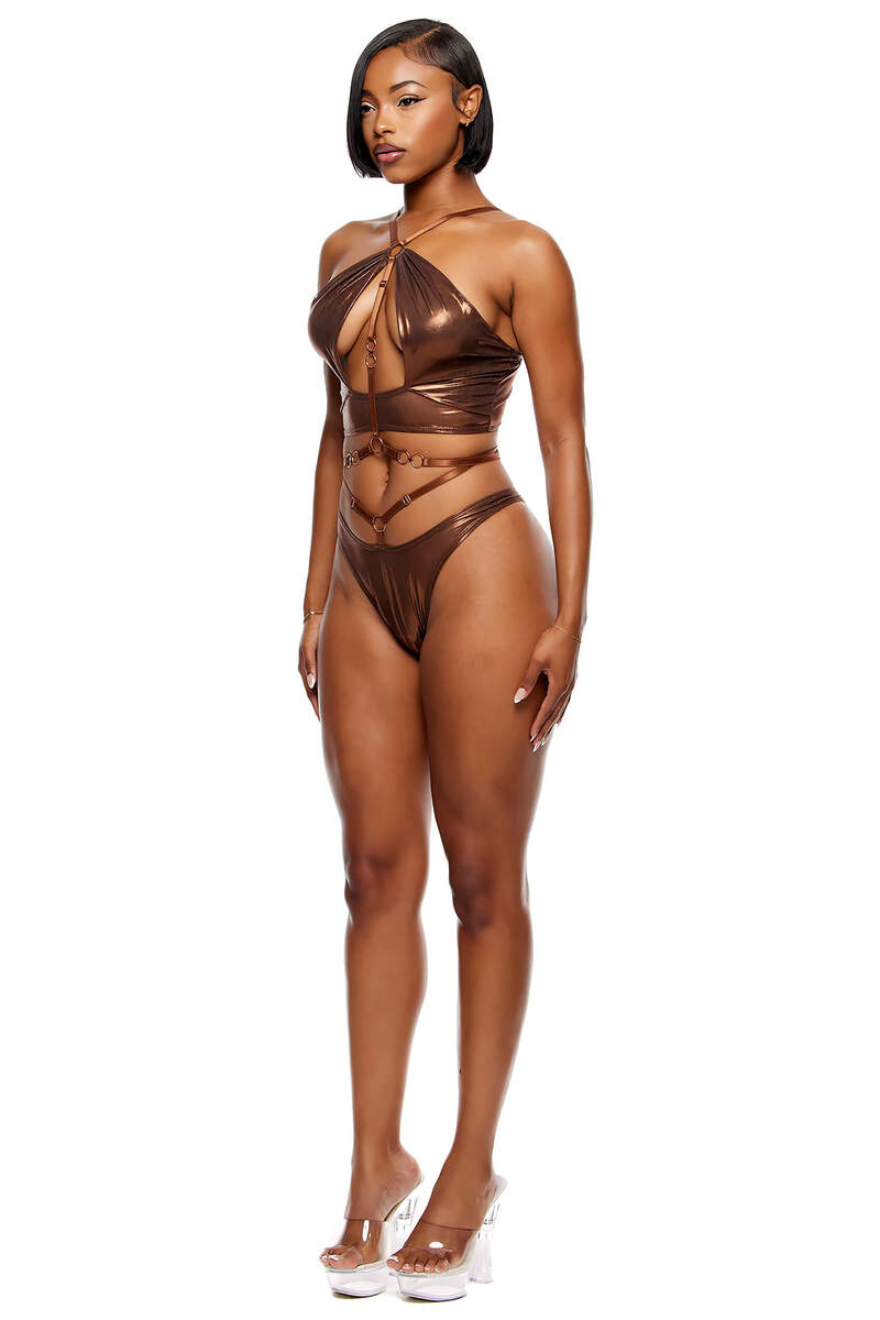 Liquid Metal Metallic Mesh Halterneck Bra Lingerie Set