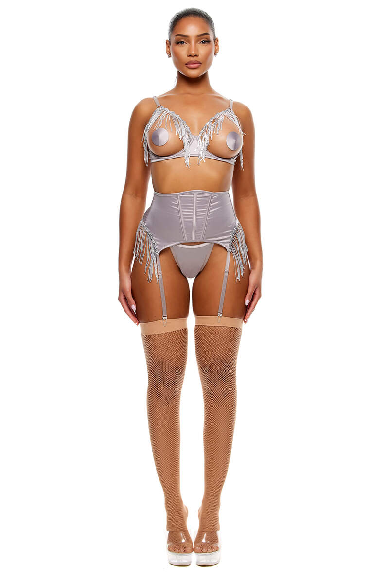Peep Show Sequin Fringe Bra and Waist Cincher Lingerie Set Silver Front
